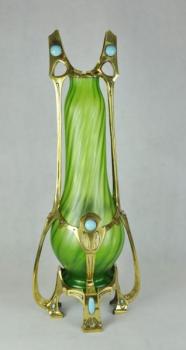 Vase - Messing, grünes Glas - Loetz - 1905